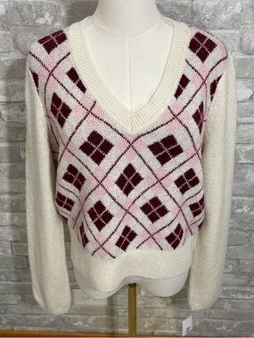 Dry Goods Major Label Cream V-Neck Sweater with Pink & Burgundy Argyle